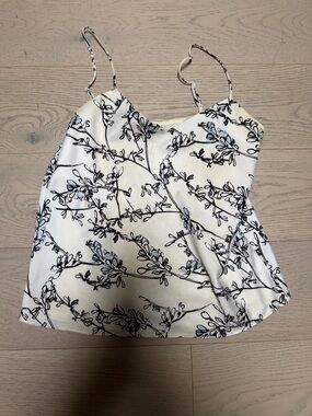 Club Monaco White Floral Spaghetti-Strap Cami with Black Outline